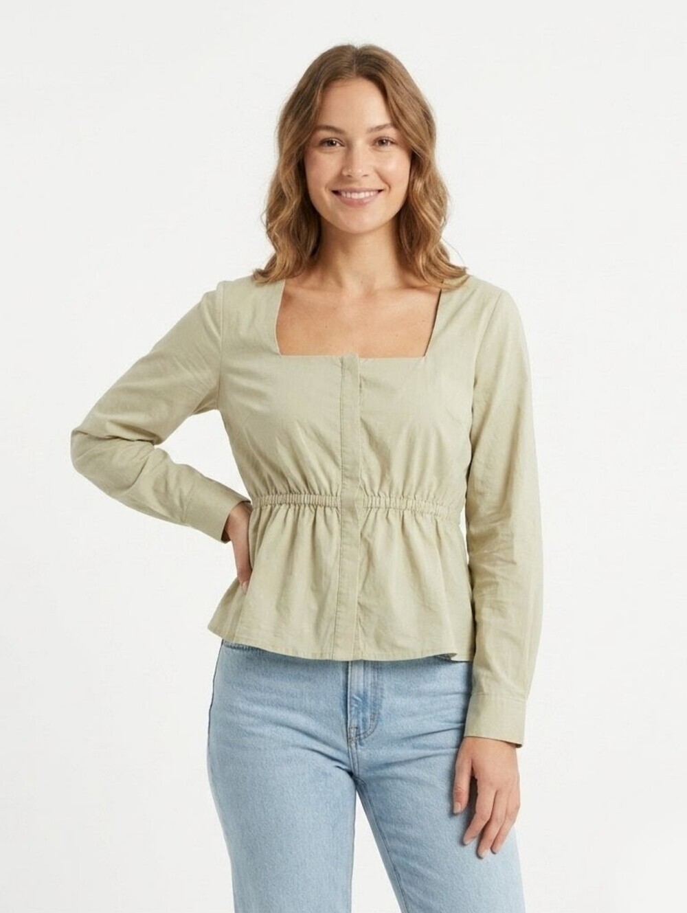 Harshman Los Angeles Square Neck Sage Green Cotton Peplum Top Size XS